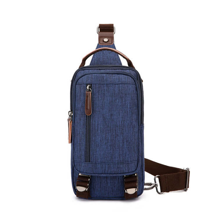 Travel-friendly waterproof small sling bag in blue with compact storage options.