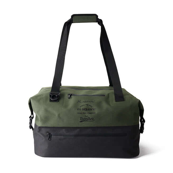 Front view of waterproof travel duffle bag in green and black colors.