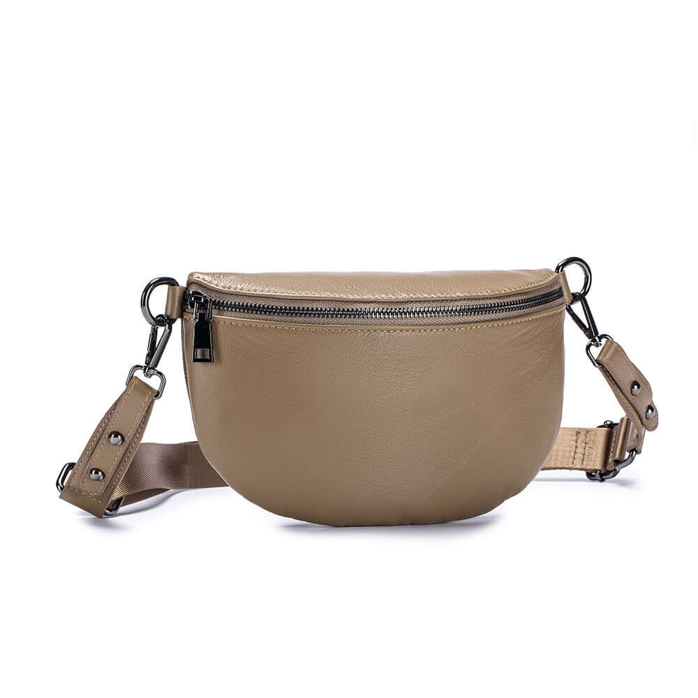 Women's leather apricot waist bag with a strap.
