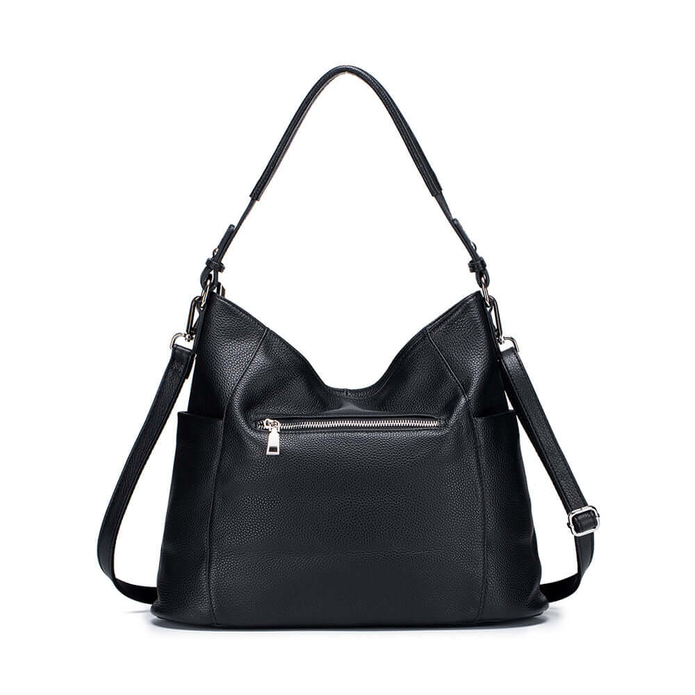 Back view of the women's black genuine leather shoulder bag.