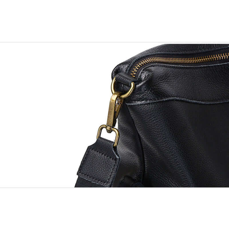 Partial details of a women's genuine leather backpack.