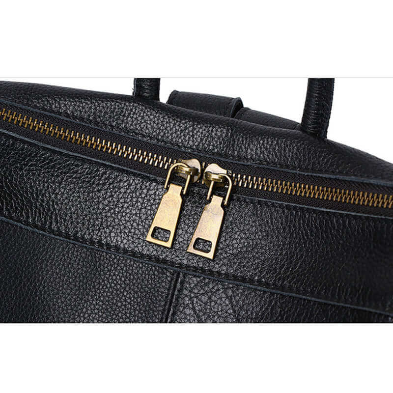 Partial details of a women's black leather backpack.