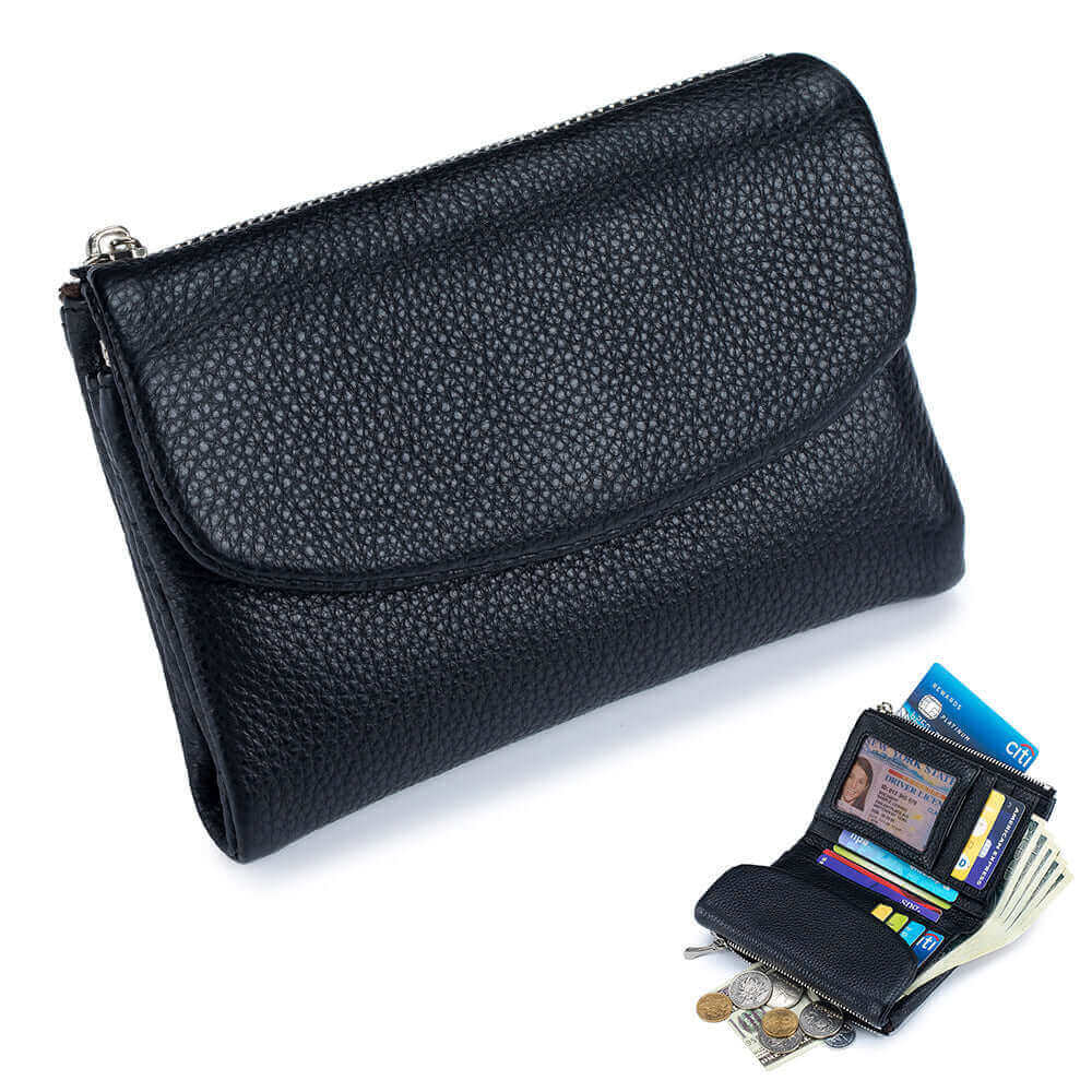 Women's black leather envelope wallet closed, displaying its sleek exterior.