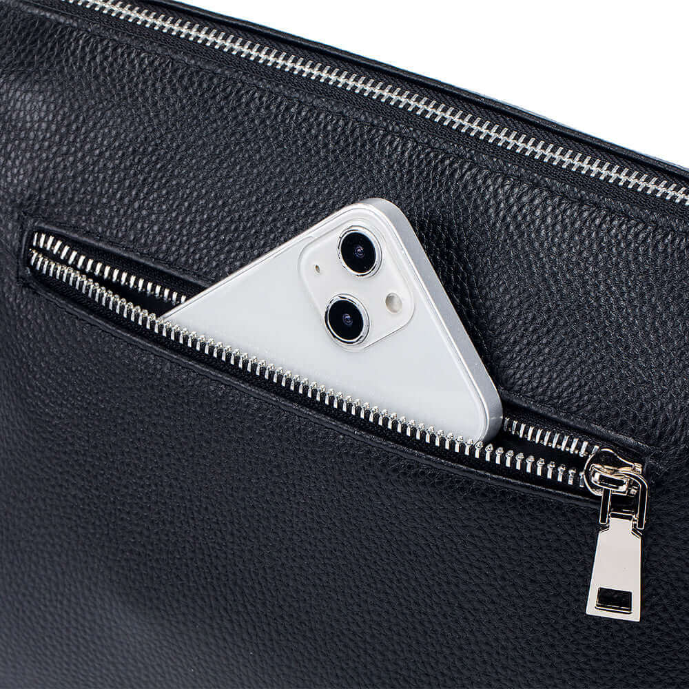 Back details of a women's genuine leather shoulder bag.