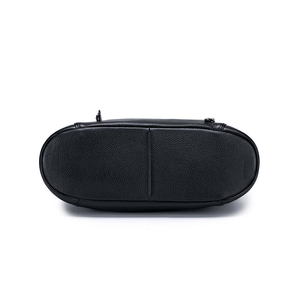 Bottom view of the women's black leather handbag.