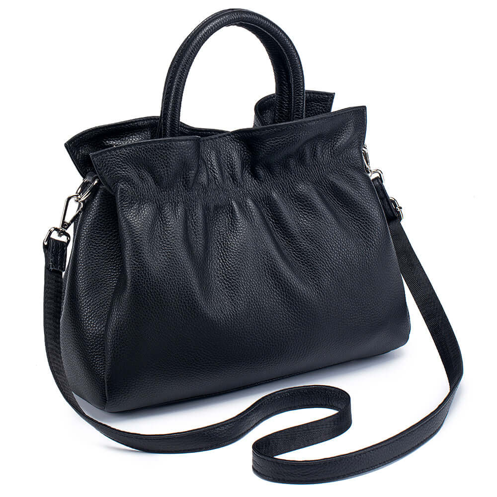 Black leather handbag with a shoulder strap