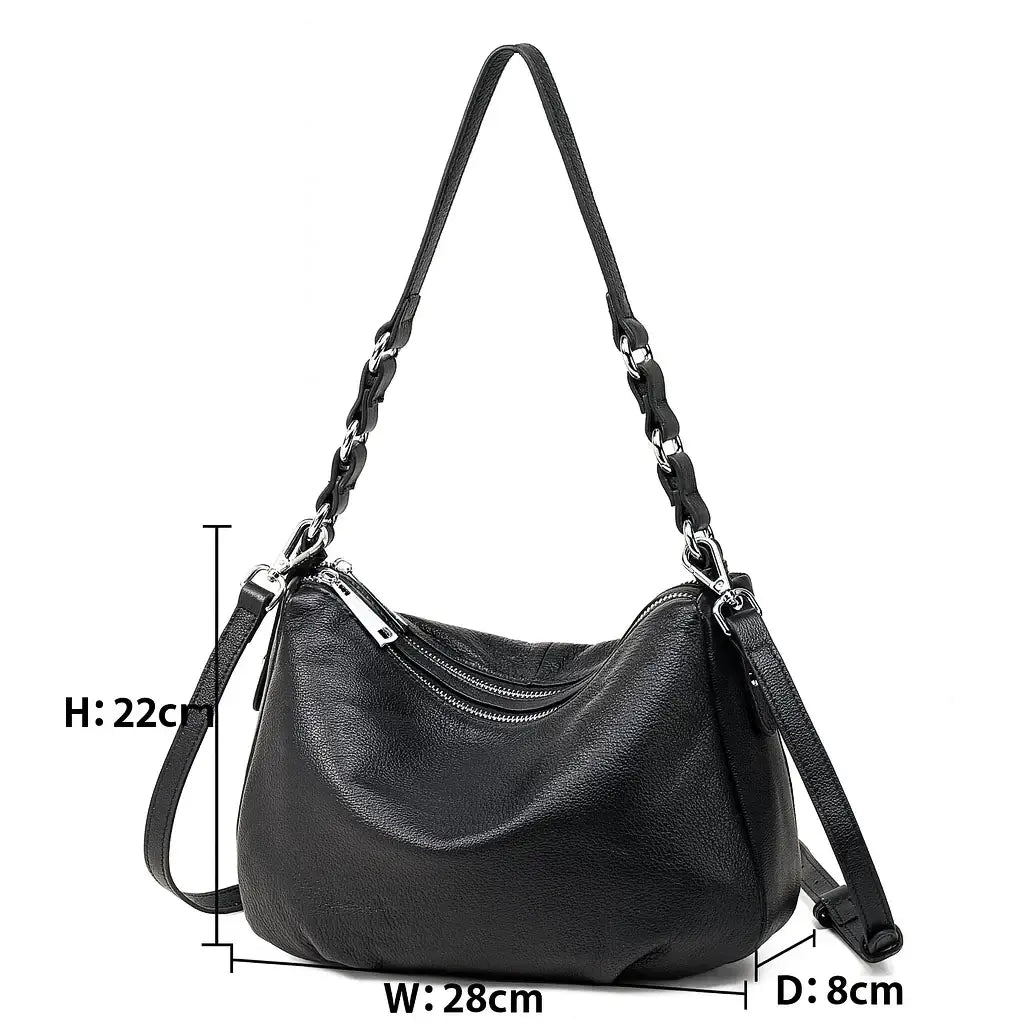 Black handbag with measurements