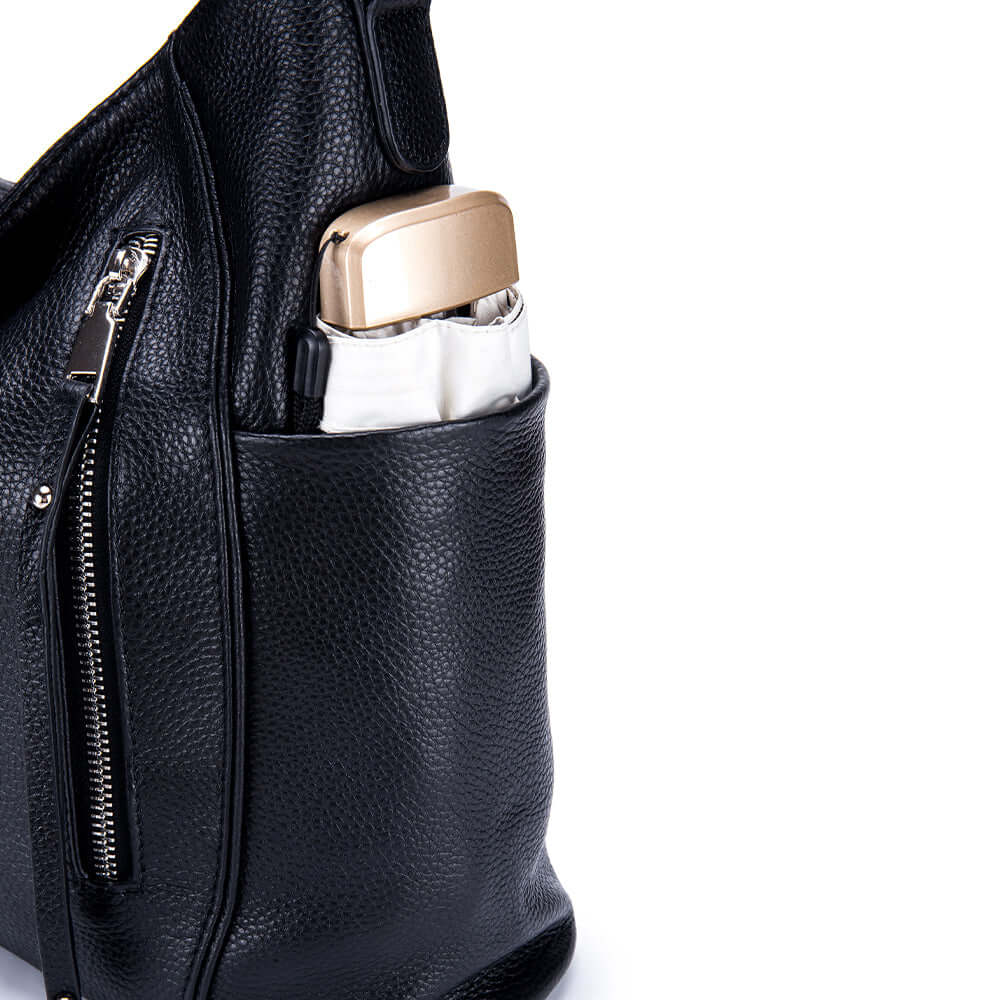 Details of the women's black genuine leather handbag.