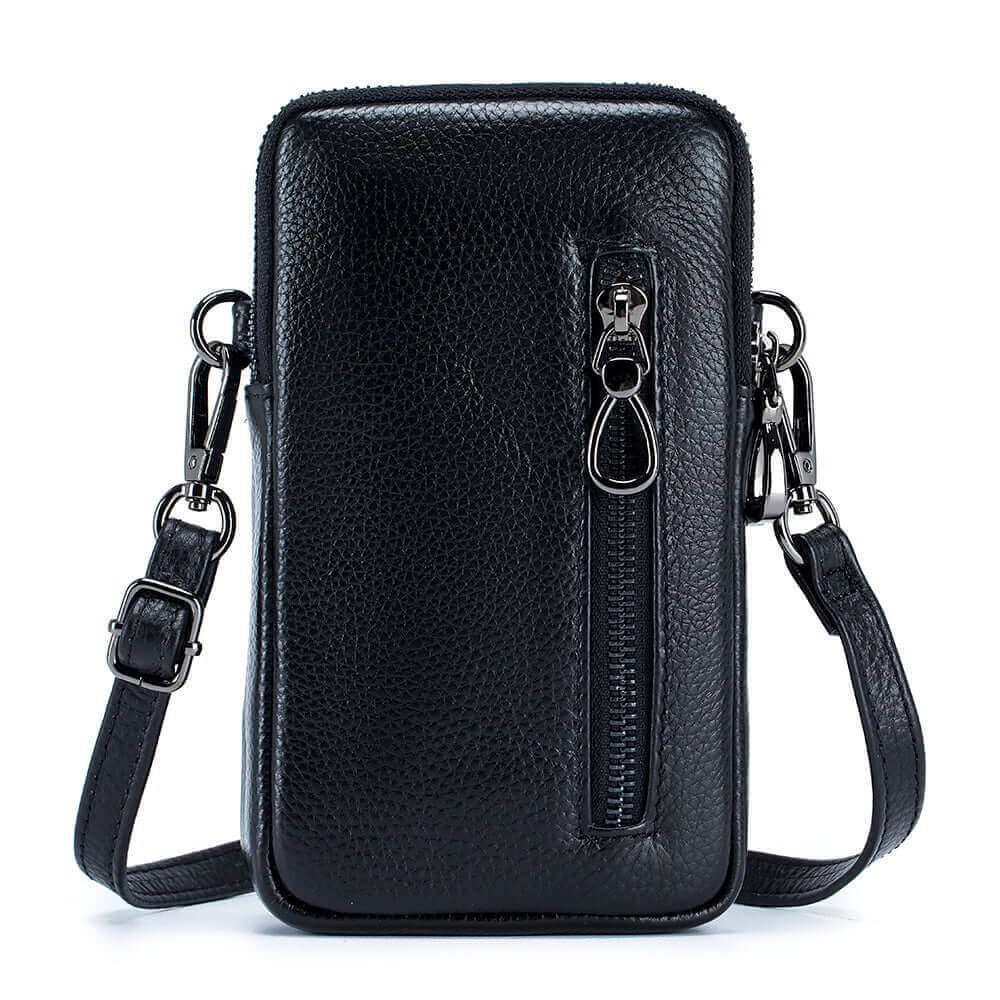 Back viewo of the women's black genuine leather small phone crossbody bag.