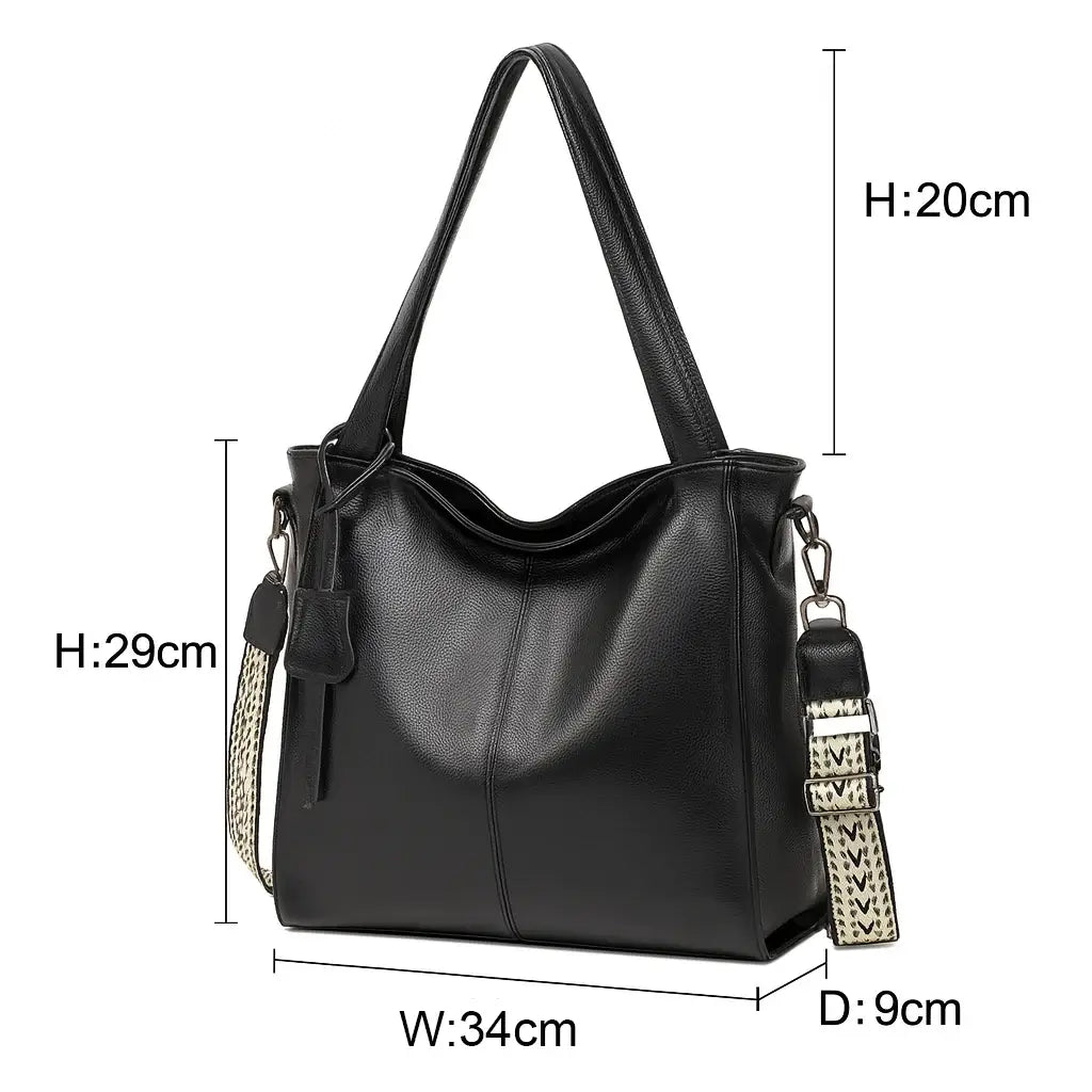 Black handbag with measurements