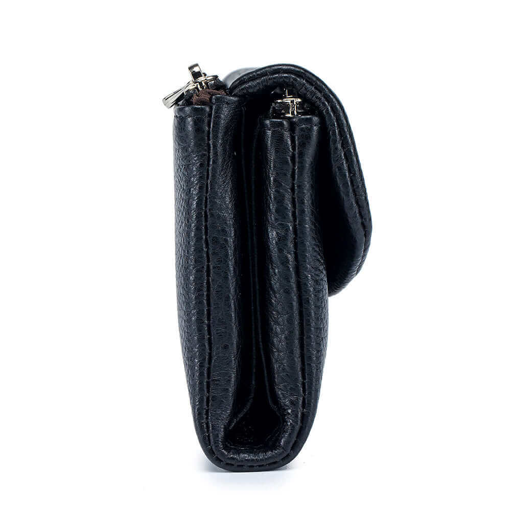 Side view of the women's black genuine leather wallet.