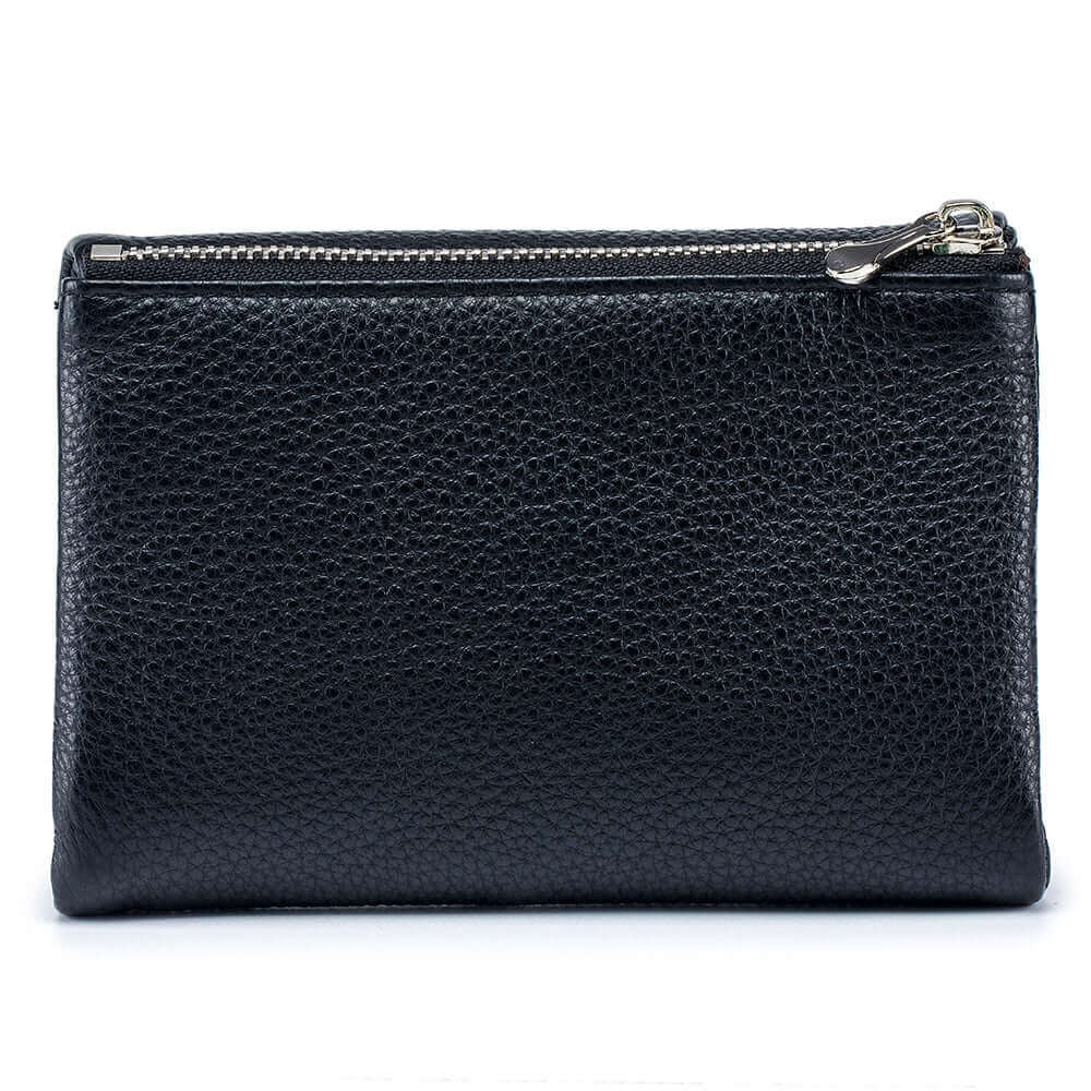 Back view of the women's black soft leather wallet.