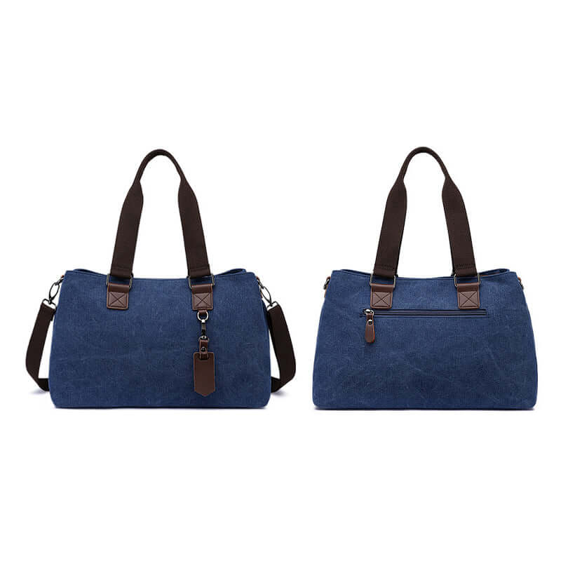 Blue canvas shoulder tote bag.