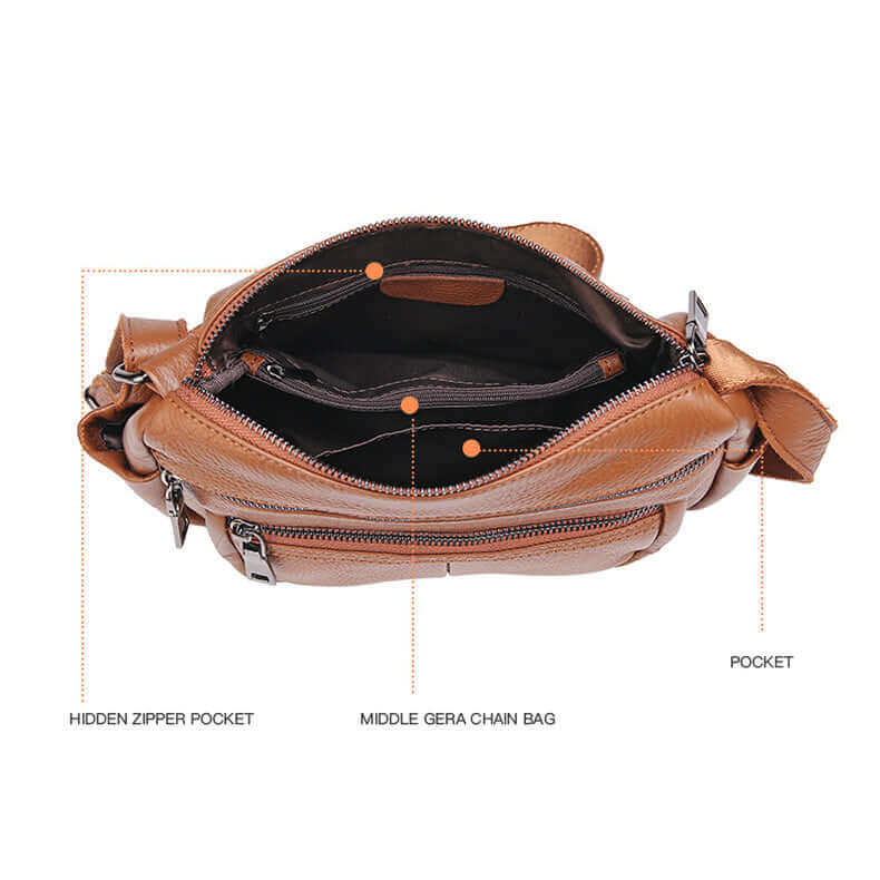 Details of the interior of the women's brown leather crossbody bag.