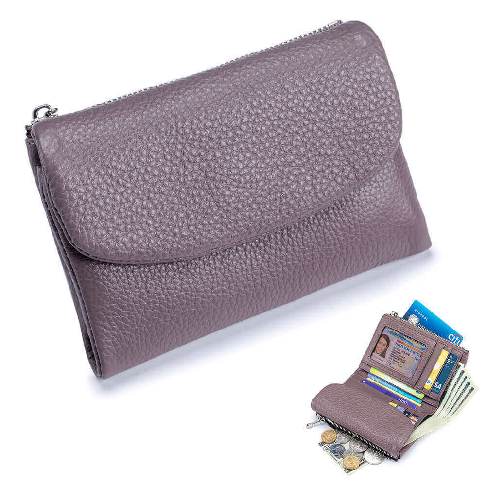 Women's luxury leather envelope wallet with multiple card slots.