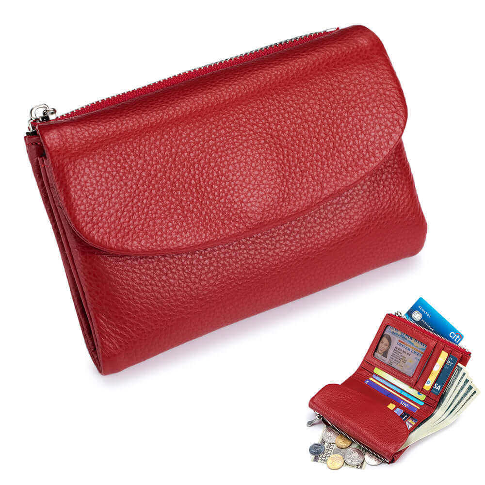 Women's red genuine leather envelope wallet with coins and bills.