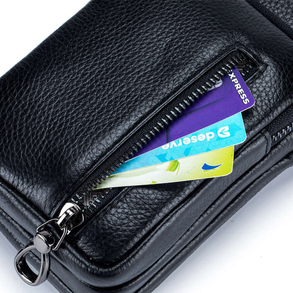 Details of a women's genuine leather small crossbody bag.