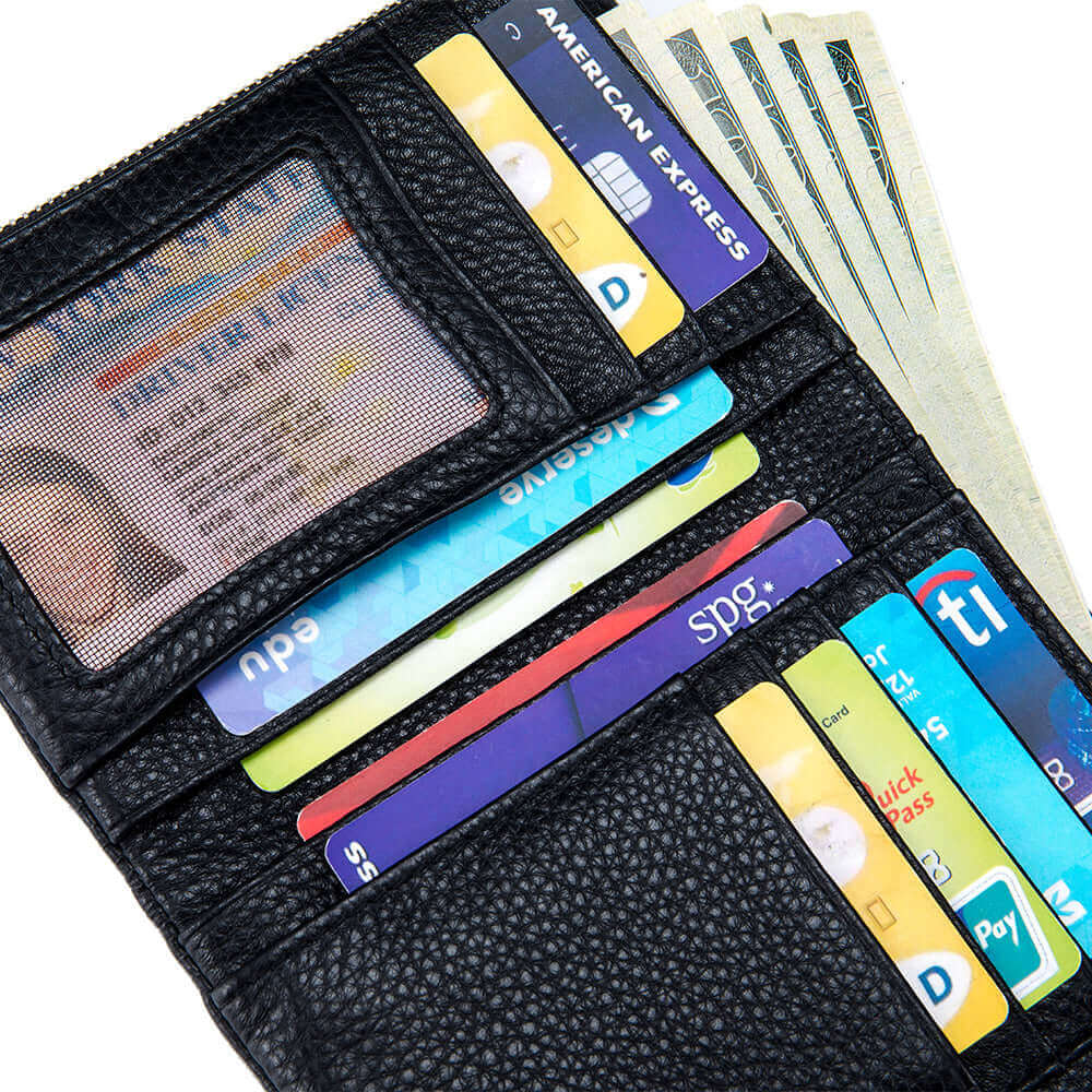 Interior view of a women's genuine leather wallet.