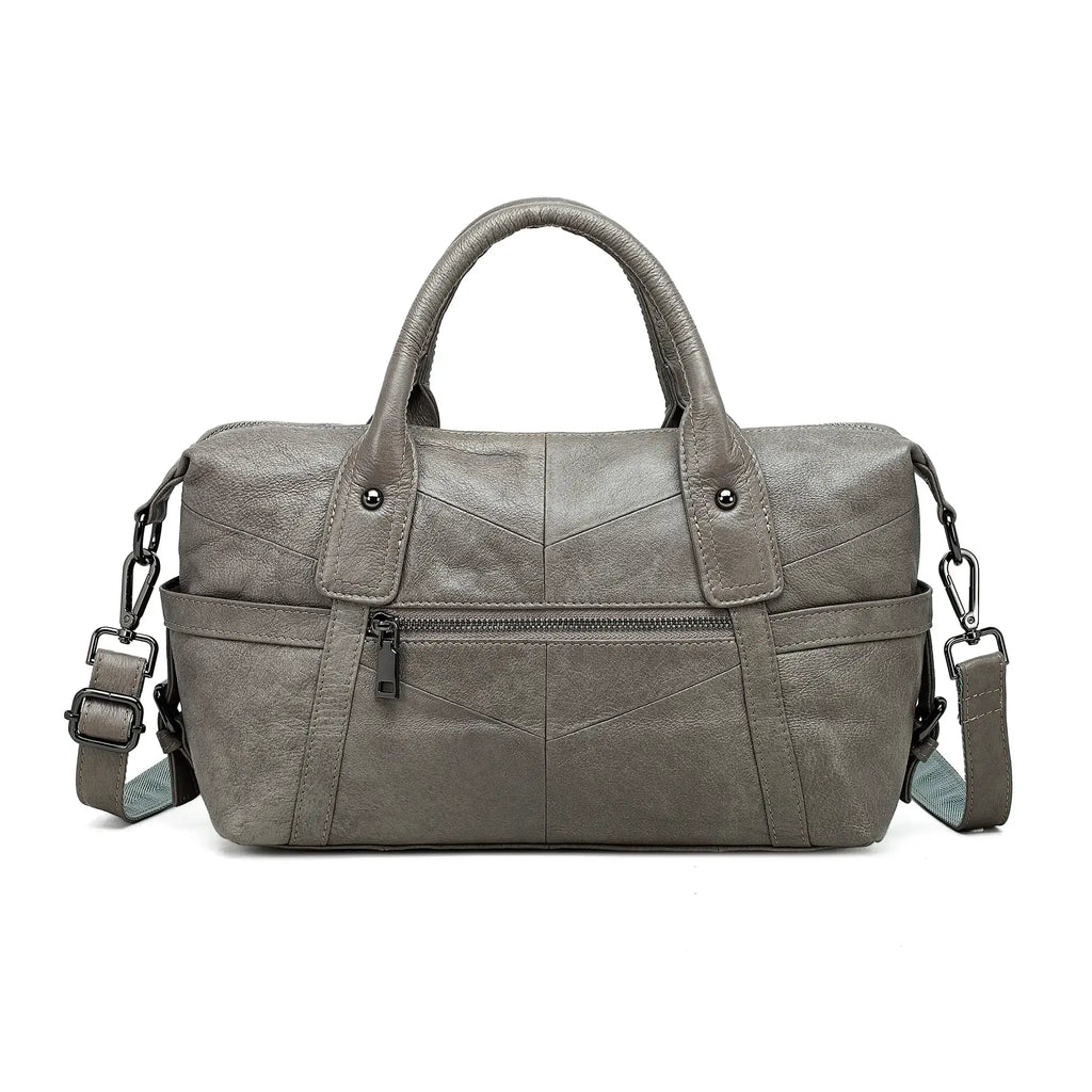 Grey leather handbag back