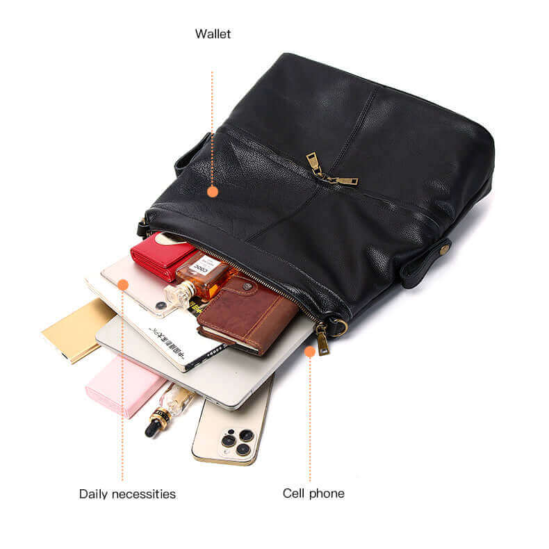 Detailed look at the genuine leather backpack.