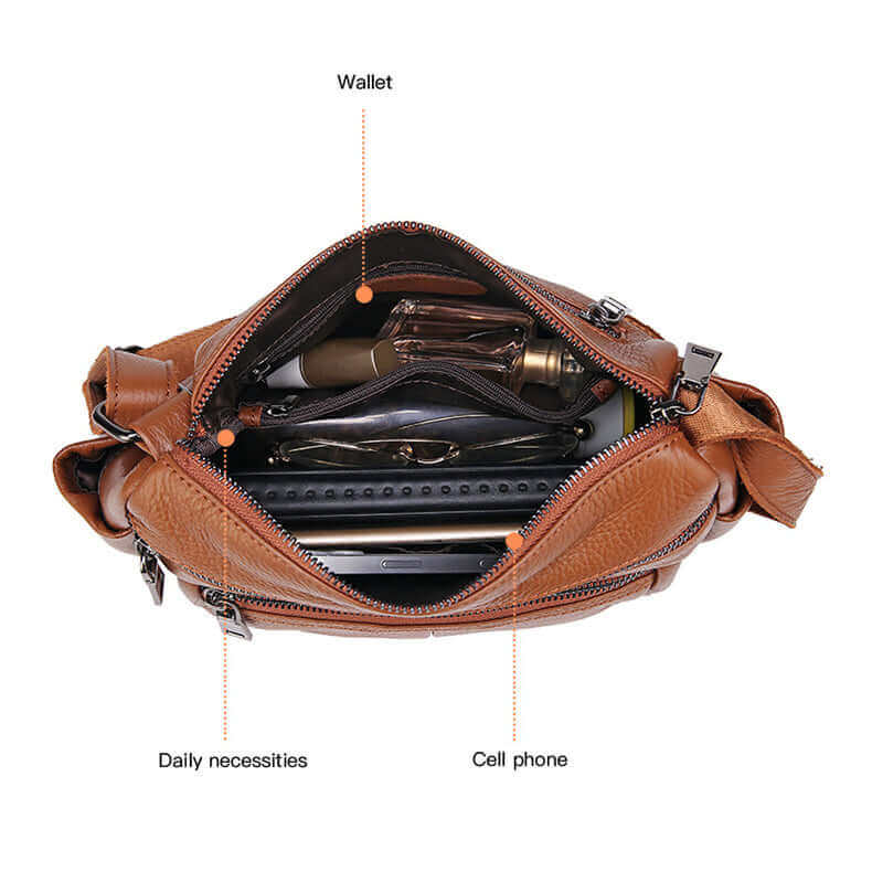 Details of the interior of the women's leather crossbody bag.
