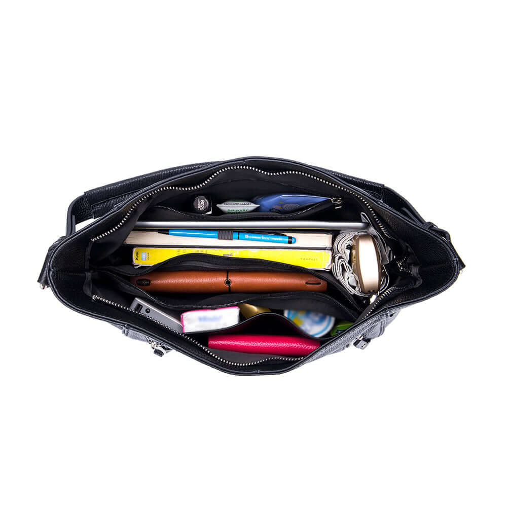 Internal structure of the black genuine leather shoulder bag.