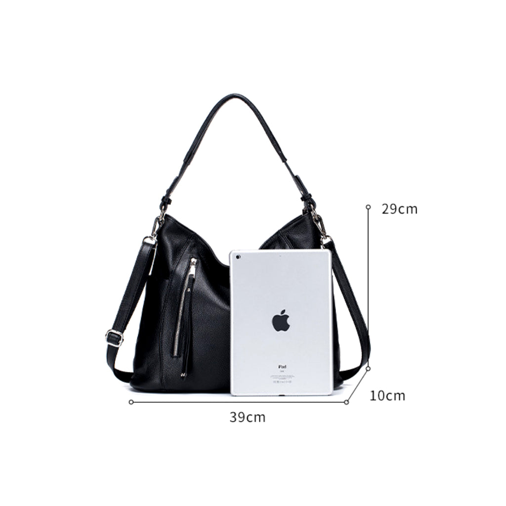 Women's black leather handbag with measurements