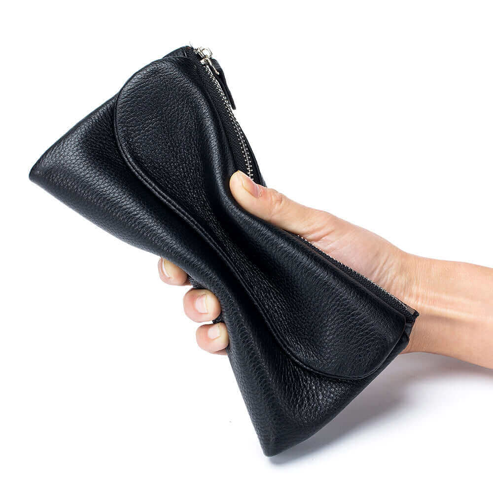 Women's leather long wallet featuring a sleek design and ample storage.