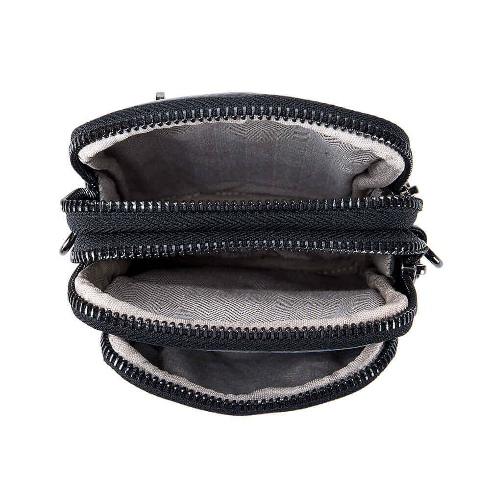 Internal structure display of women's genuine leather mini phone crossbody bag.