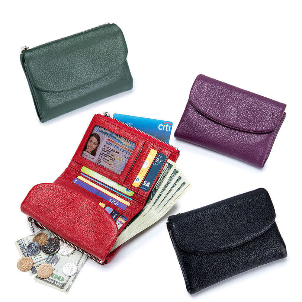 Women's envelope-style leather wallet in purple, red, and black colors.