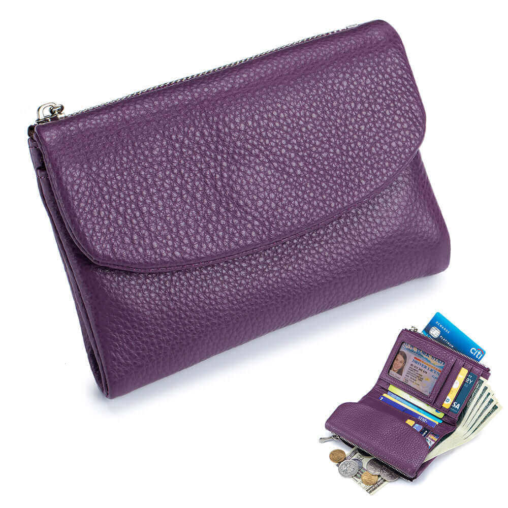 Women's purple leather envelope wallet showcasing its elegant design.