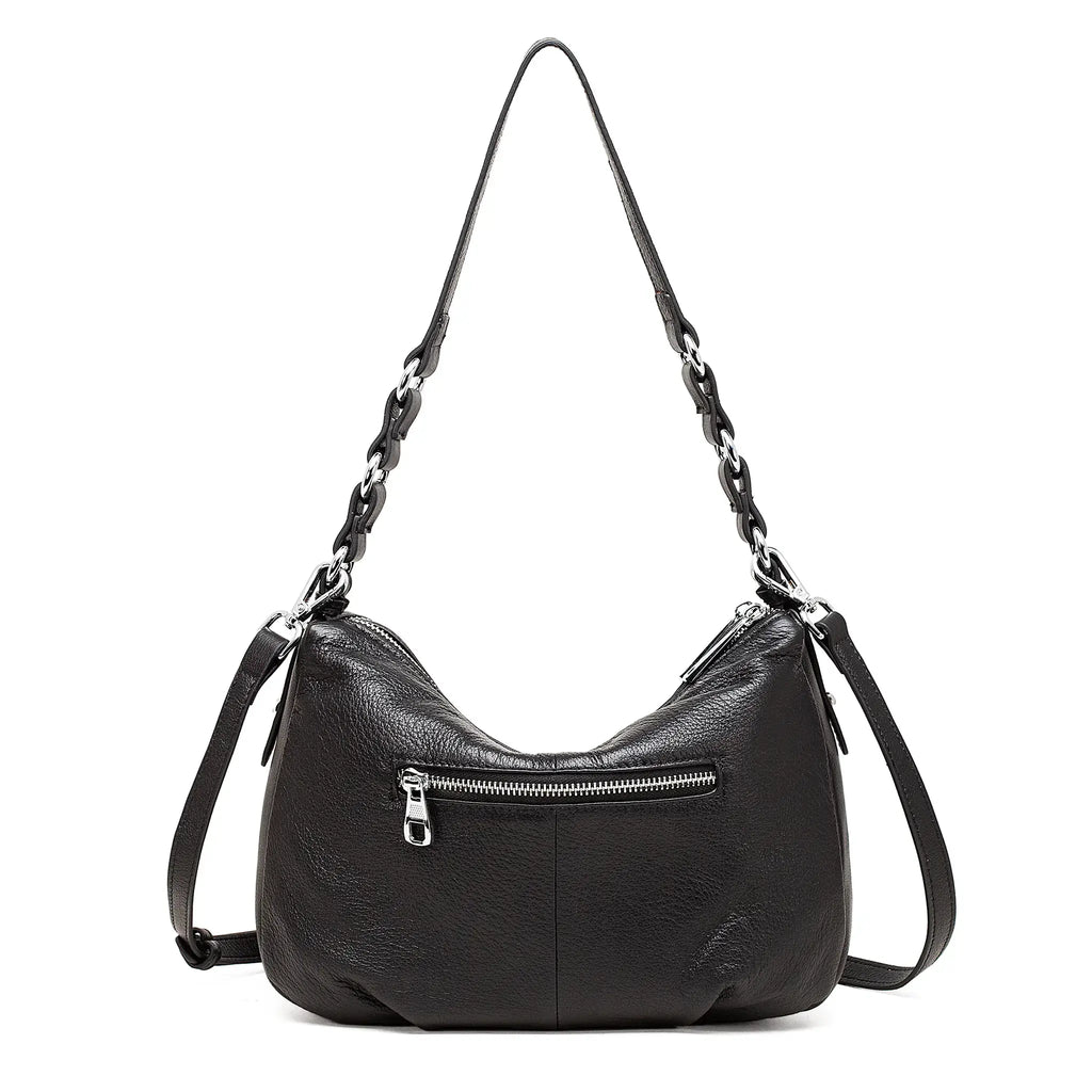 Back view of women’s soft leather handbag