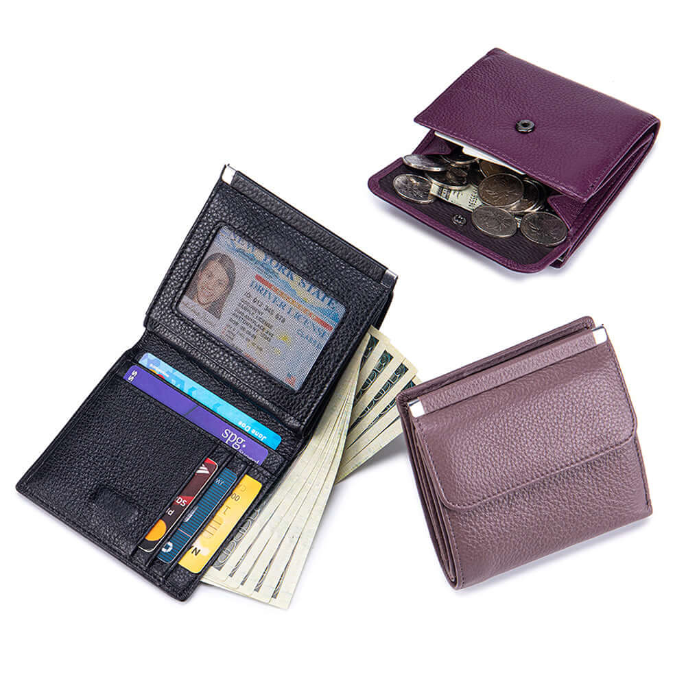 Multiple coloured leather wallets shown together