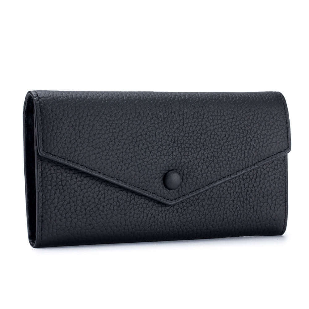 Front view of the Women's Leather Bifold Envelope Wallet in black, showing its chic design.