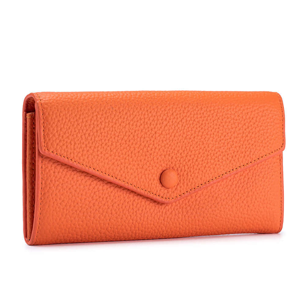 Front view of the Women's Leather Bifold Envelope Wallet in orange, showcasing the vibrant color.