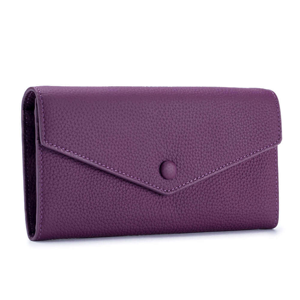 Front view of the Women's Leather Bifold Envelope Wallet in purple, displaying the minimalist design.