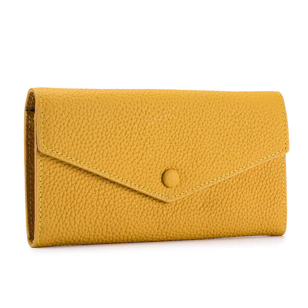 Front view of the Women's Leather Bifold Envelope Wallet in yellow, highlighting the textured leather.