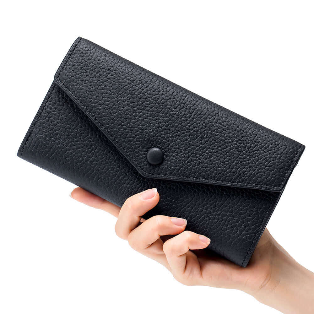 Front view of the Women's Leather Bifold Envelope Wallet in black, featuring a soft leather texture.