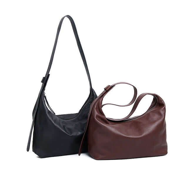 Comparison of women's leather shoulder and crossbody bags in black and coffee brown.