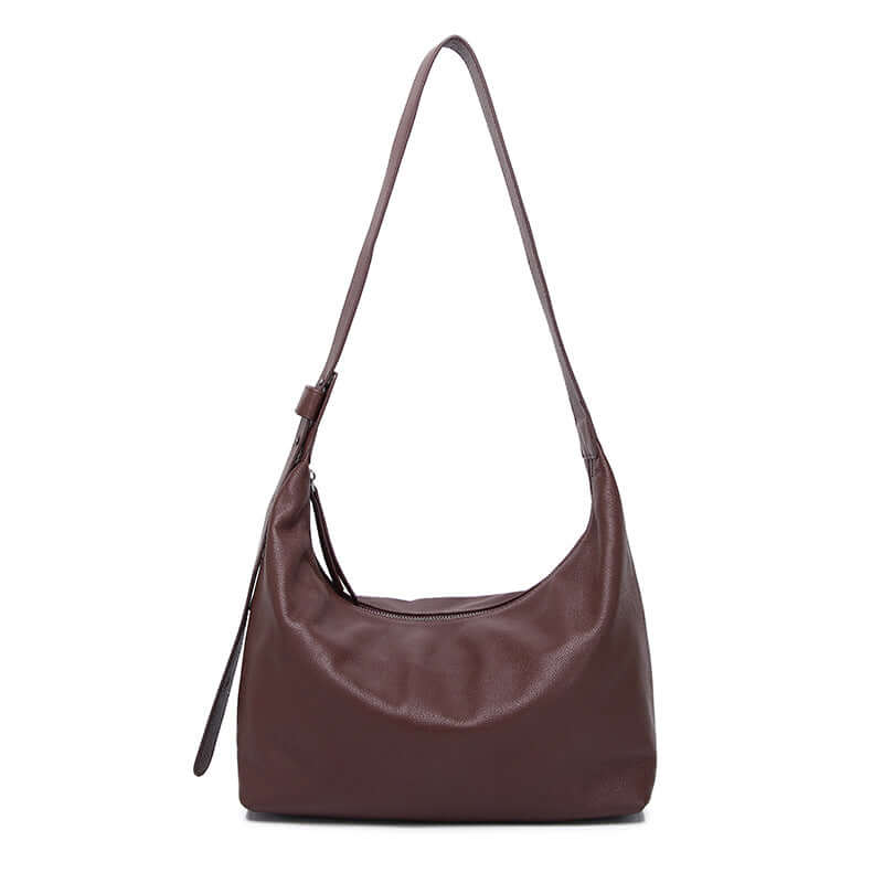 Women's leather shoulder and crossbody bag in coffee brown, front view.