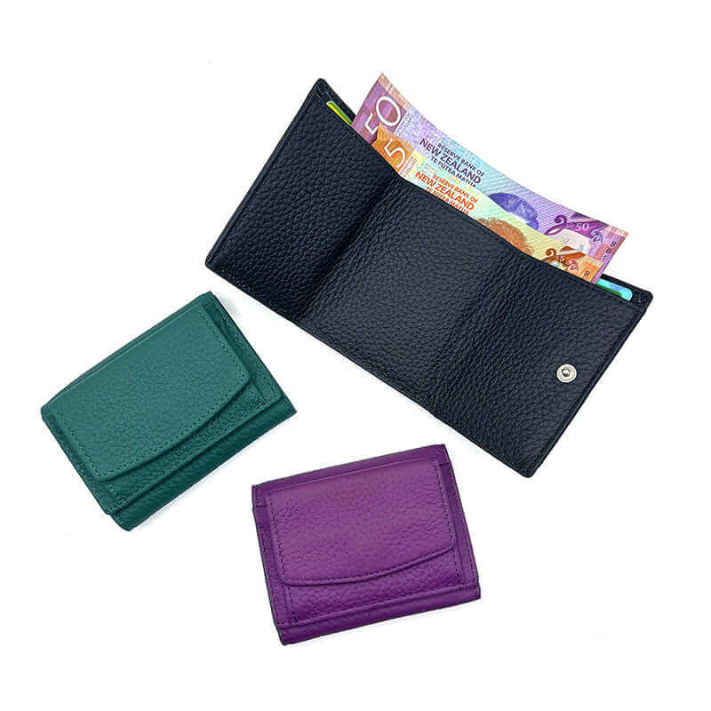 Women's leather RFID mini wallet, featuring space for cash, cards, and coins.