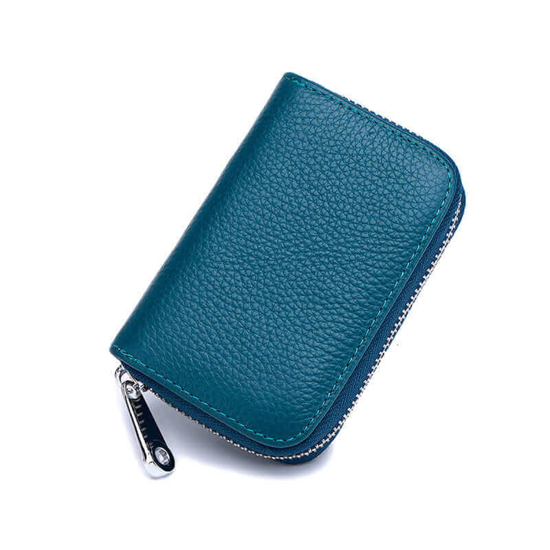 Women's RFID leather card holder in blue, featuring 12 card slots and compact size for everyday use.