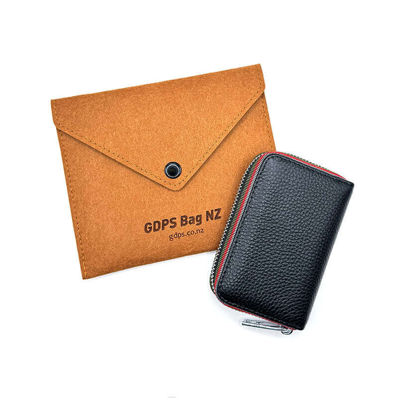 Women's RFID leather card holder with multicolor woven edges, offering compact storage and secure design.