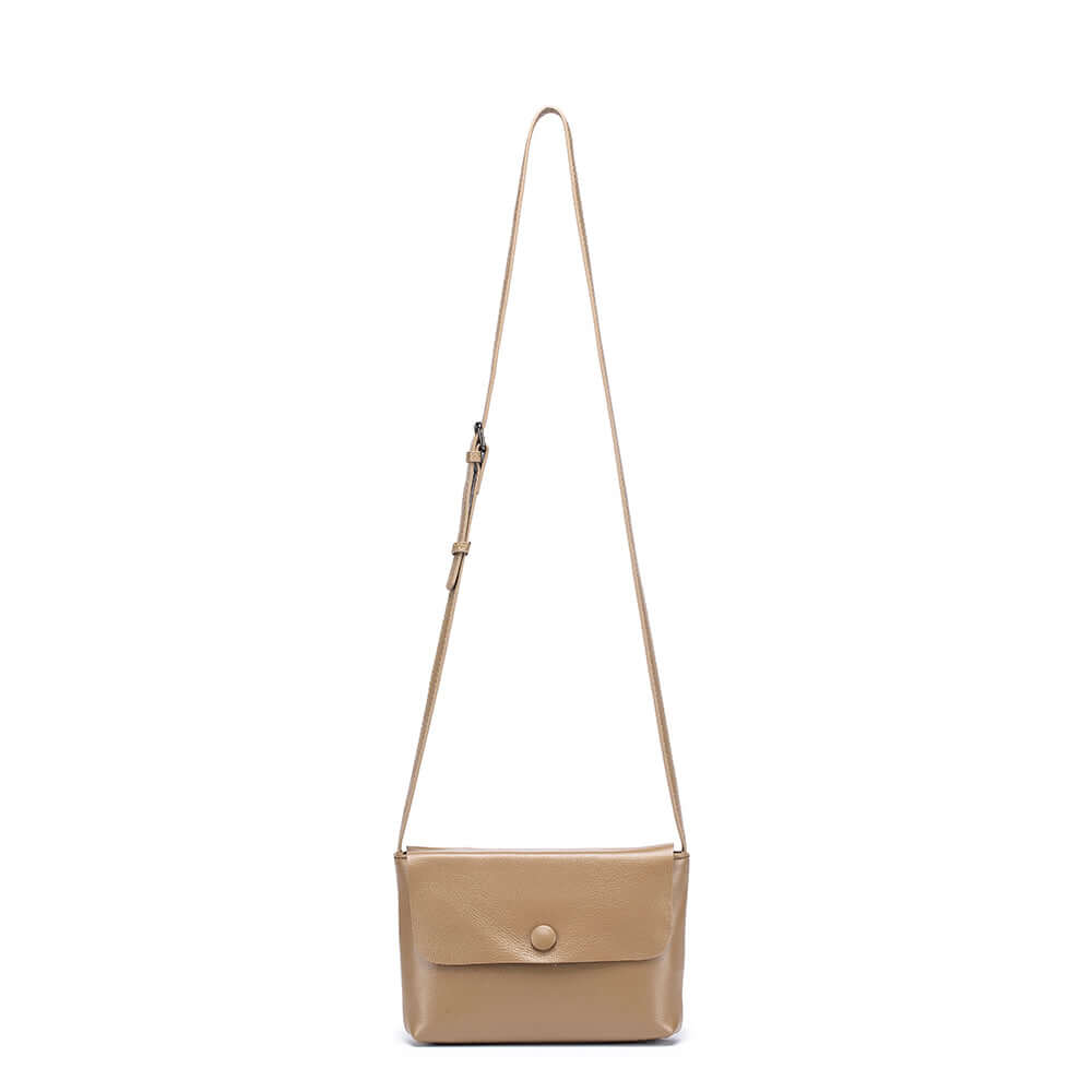 Women's small genuine leather crossbody bag front view, khaki color.