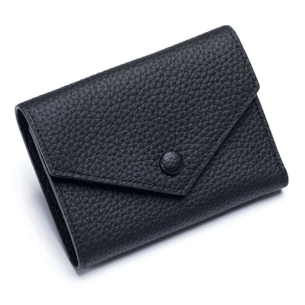 Women's black leather trifold wallet with zipper pocket.

