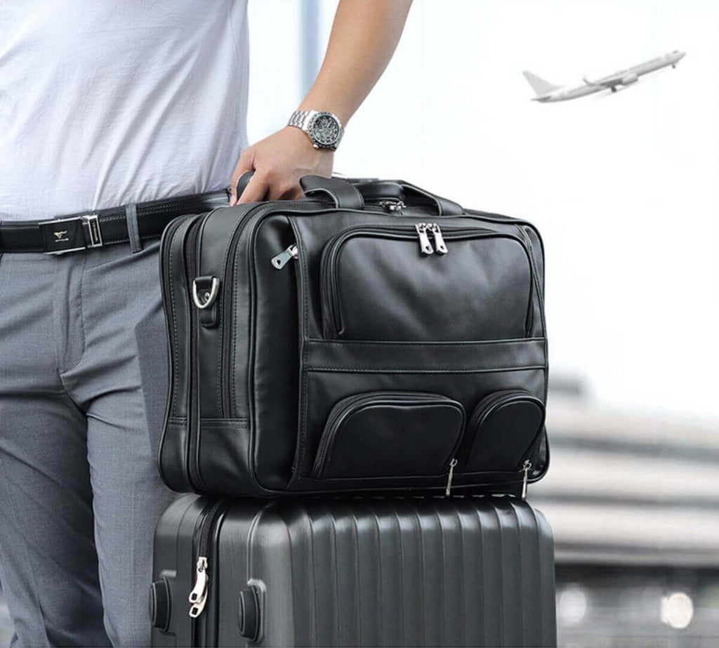 Men's Black Leather Multi-Pocket Large Capacity Laptop Briefcase