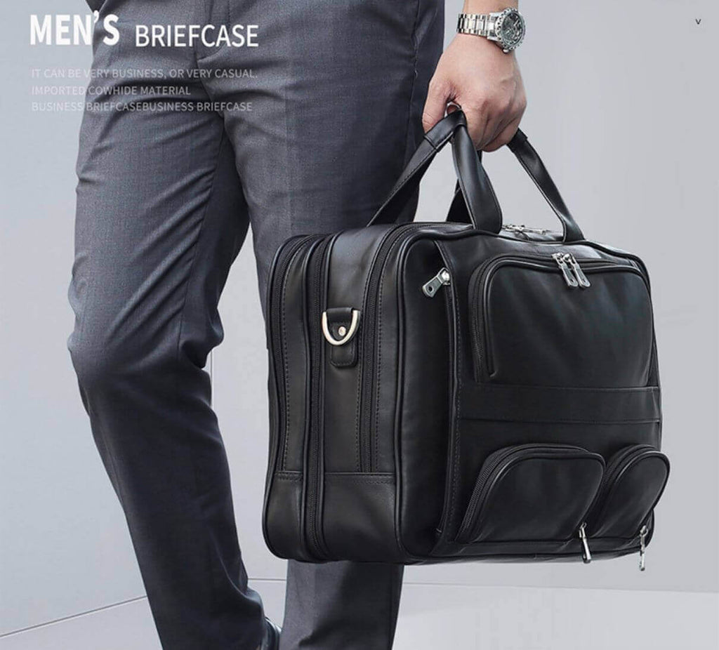Men's Black Leather Multi-Pocket Large Capacity Laptop Briefcase