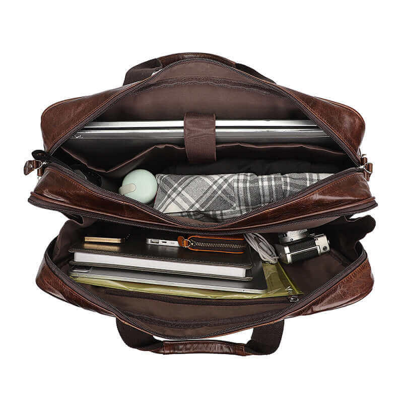 Interior of 17-inch leather laptop bag showing compartments.