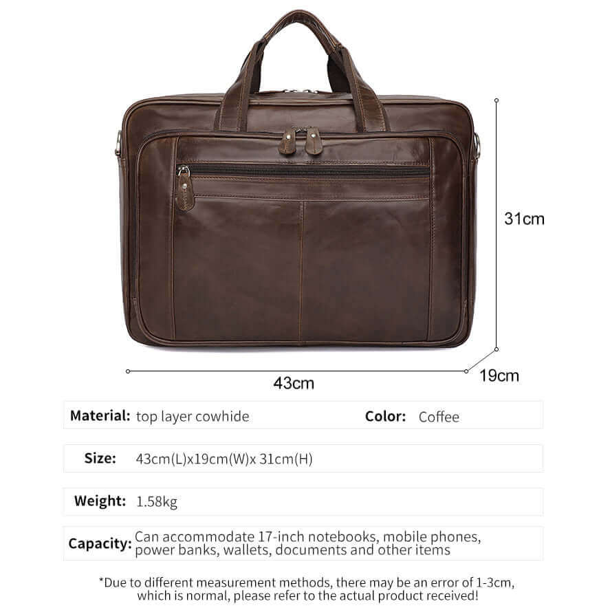 Dimensions of genuine leather 17 inch laptop briefcase