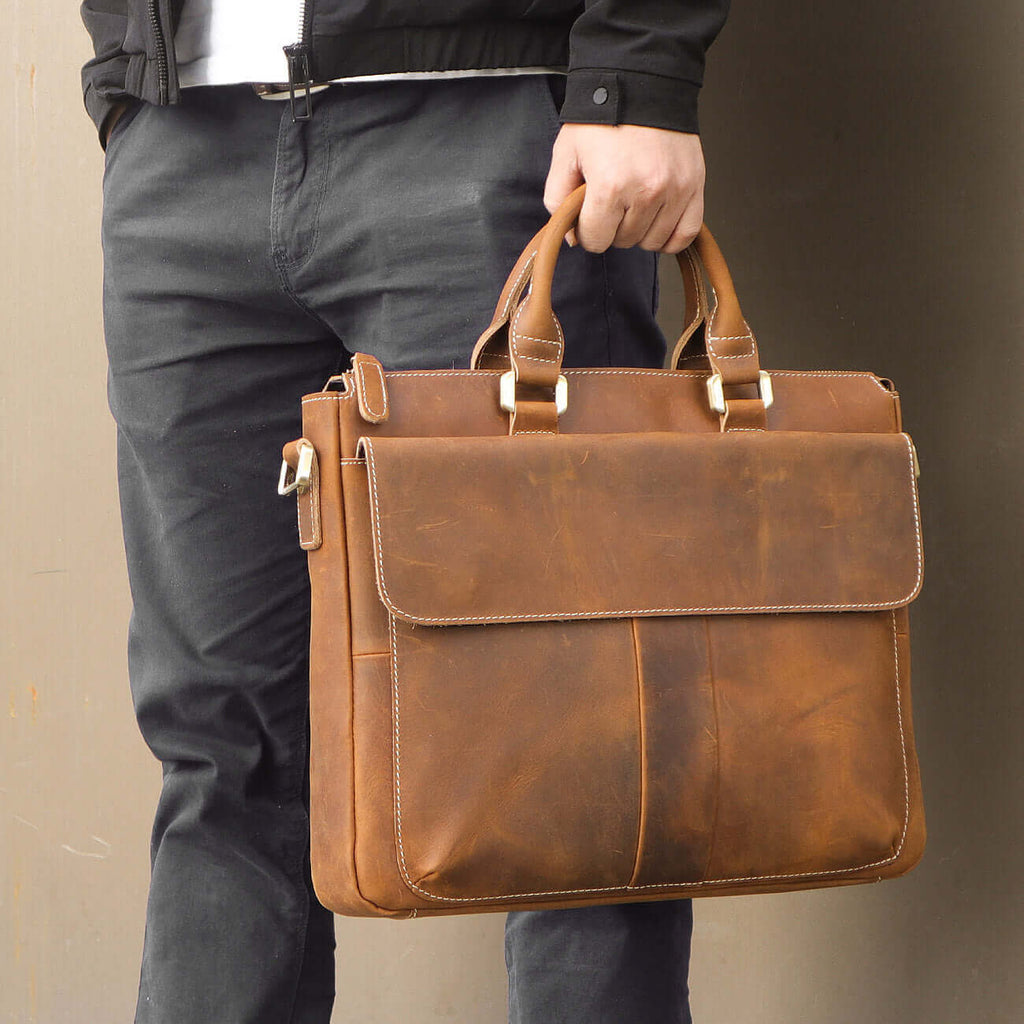 Crazy Horse Leather Laptop Bag | Fits 14 Inch | Versatile Briefcase